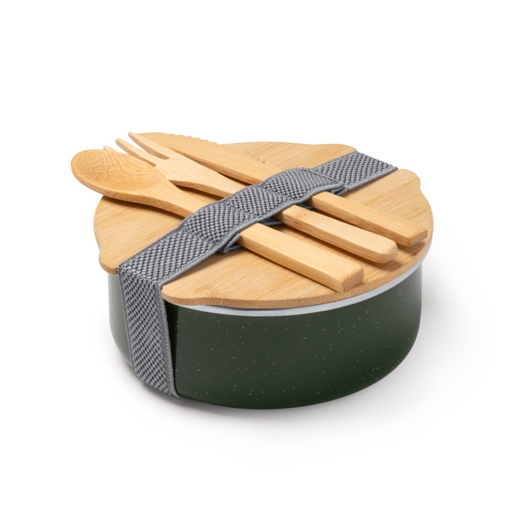 Evelin - Metalowe pudełko na lunch pokryte warstwą ceramiczną z bambusową pokrywką i elastycznym paskiem, bambusowe sztućce w zestawie.