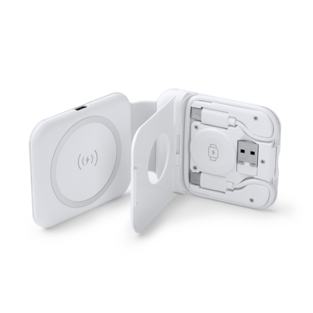 LAREDO - Składana ładowarka bezprzewodowa do smartfonów, słuchawek bezprzewodowych i smartwatchy z kablem w zestawie.