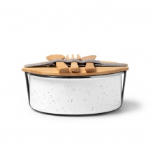 Evelin - Metalowe pudełko na lunch pokryte warstwą ceramiczną z bambusową pokrywką i elastycznym paskiem, bambusowe sztućce w zestawie.