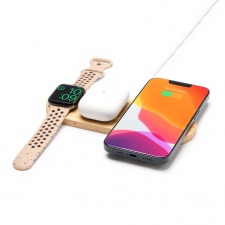 Fergus - Stacja ładująca (15 W) 3 w 1, wykonana z bambusa, do jednoczesnego ładowania smartfonów, smartwatchy i słuchawek bezprzewodowych.